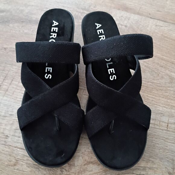 Aerosoles black Ilona Women's Wedge Strappy Cushioned Footbed Sandal 9 Worn Once - Picture 2 of 9